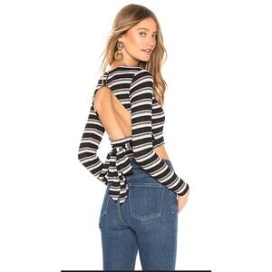 Privacy Please Black Ribbed Striped Open Tie Back Long Sleeve Top Size XXS